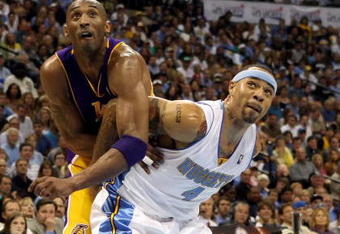 DENVER - MAY 25:  Kobe Bryant #24 of the Los Angeles Lakers and Kenyon Martin #4 of the Denver Nuggets battle for position in the second quarter of Game Four of the Western Conference Finals during the 2009 NBA Playoffs at Pepsi Center on May 25, 2009 in Denver, Colorado. NOTE TO USER: User expressly acknowledges and agrees that, by downloading and or using this photograph, User is consenting to the terms and conditions of the Getty Images License Agreement.  (Photo by Jed Jacobsohn/Getty Images)