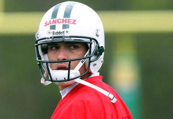 FLORHAM PARK, NJ - MAY 02:  Quarterback Mark Sanchez #6 of the New York Jets looks on during minicamp on May 2, 2009 at the Atlantic Health Jets Training Center in Florham Park, New Jersey.  (Photo by Jim McIsaac/Getty Images)