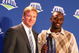 TAMPA, FL - FEBRUARY 02: Santonio Holmes of the Pittsburgh Steelers (R) holds the Super Bowl XLIII Most Valuable Player Award with NLF Commisioner Roger Goodell during the Post Super Bowl XLIII Coach's Press Conference on February 2, 2009 in Tampa, Florida. (Photo by Al Bello/Getty Images)