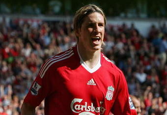 LIVERPOOL, ENGLAND - MAY 24:  Fernando Torres of Liverpool celebrates after scoring the opening goal during the Barclays  Premier League match between Liverpool and Tottenham Hotspur at Anfield on May 24, 2009 in Liverpool, England.  (Photo by Alex Livesey/Getty Images)