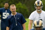EARTH CITY, MO - MAY 2: Head coach Steve Spagnuolo of the St. Louis Rams watches his team during a mini camp on May 2, 2009 at the Russell Training Center in Earth City, Missouri.  (Dilip Vishwanat/Getty Images)