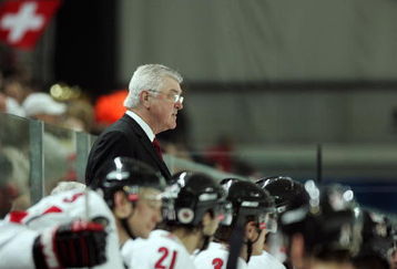 TURIN, ITALY - FEBRUARY 18:  Head coach Pat Quinn of Canada watches the game from the bench during the men's ice hockey Preliminary Round Group A match against Switzerland during Day 8 of the Turin 2006 Winter Olympic Games on February 18, 2006 at the Torino Esposizioni in Turin, Italy.  (Photo by Elsa/Getty Images)