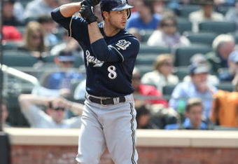 NEW YORK - APRIL 19:  Ryan Braun #8 of the Milwaukee Brewers at bat against the New York Mets at Citi Field on April 19, 2009 in the Flushing neighborhood of the Queens borough of New York City.  (Photo by Nick Laham/Getty Images)