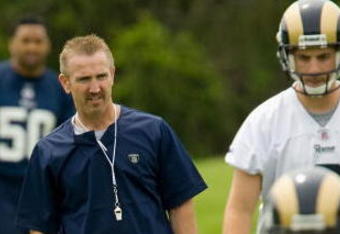 EARTH CITY, MO - MAY 2: Head coach Steve Spagnuolo of the St. Louis Rams watches his team during a mini camp on May 2, 2009 at the Russell Training Center in Earth City, Missouri.  (Dilip Vishwanat/Getty Images)