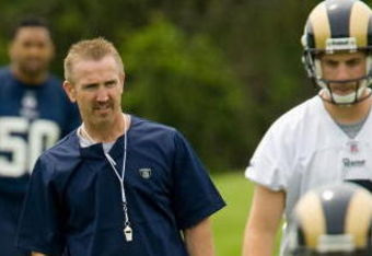 EARTH CITY, MO - MAY 2: Head coach Steve Spagnuolo of the St. Louis Rams watches his team during a mini camp on May 2, 2009 at the Russell Training Center in Earth City, Missouri.  (Dilip Vishwanat/Getty Images)