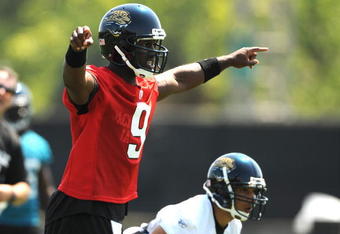 JACKSONVILLE, FL - MAY 1:  Quarterback David Garrard #9 of the Jacksonville Jaguars directs play May 1, 2009 at a team minicamp near Jacksonville Municipal Stadium in Jacksonville, Florida.  (Photo by Al Messerschmidt/Getty Images)