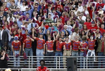 OXFORD, MS - NOVEMBER 17: Fans of the Mississippi Rebels cheer in a game against the LSU Tigers on November 17, 2007 at Vaught-Hemingway Stadium/Hollingsworth Field in Oxford, Mississippi. LSU beat Mississippi 41-24. (Photo by Joe Murphy/Getty Images)