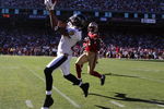SAN FRANCISCO - OCTOBER 07:   Demetrius Williams #87 of the Baltimore Ravens catches a pass out of bounds against Walt Harris #27 of the San Francisco 49ers during an NFL game on October 7, 2007 at Monster Park in San Francisco, California.   (Photo by Jed Jacobsohn/Getty Images)  