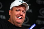 FLORHAM PARK, NJ - MAY 02:  Head coach Rex Ryan of the New York Jets speaks to the media during minicamp on May 2, 2009 at the Atlantic Health Jets Training Center in Florham Park, New Jersey.  (Photo by Jim McIsaac/Getty Images)