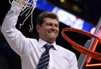 ST. LOUIS - APRIL 07:  :  :  Head coach Geno Auriemma of the Connecticut Huskies celebrates as he cuts down the net after the win over the Louisville Cardinals  on April 7, 2009 during the NCAA Women's Final Four Championship game at the Scottrade Center on April 7, 2009 in St. Louis, Missouri. The Connecticut Huskies defeated the Louisville Cardinals 76-54 to win the national title. The Huskies were undefeated this season.  (Photo by Elsa/Getty Images)