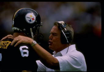 4 Sep 1988:  Quarterback Bubby Brister of the Pittsburgh Steelers (left) talks to his head coach Chuck Noll during a game against the Dallas Cowboys at Three Rivers Stadium in Pittsburgh, Pennsylvania.  The Steelers won the game 24-21. Mandatory Credit: M