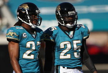 JACKSONVILLE, FL - OCTOBER 26:  Rashean Mathis #27 and Reggie Nelson #25 of the Jacksonville Jaguars wait during a timeout in a game against the Cleveland Browns at Jacksonville Muncipal Stadium on October 26, 2008 in Jacksonville, Florida.  (Photo by Sam Greenwood/Getty Images)