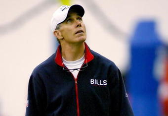 ORCHARD PARK, NY - MAY 01: Dick Jauron, head coach of the Buffalo Bills looks up to a video basket during Buffalo Bills Minicamp at Buffalo Bills Fieldhouse on May 1, 2009 in Orchard Park, New York.  (Photo by Rick Stewart/Getty Images)