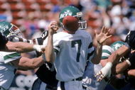 LOS ANGELES, CA - SEPTEMBER 8: Quarterback Ken O'Brien #7 of the New York Jets has the ball knocked loose during a game against the Los Angeles Raiders at the Los Angeles Memorial Coliseum on September 8, 1985 in Los Angeles, California. The Raiders won 31-0 (Photo by George Rose/Getty Images)