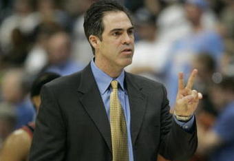 DENVER - APRIL 19:  Head coach Kevin Pritchard of the Denver Nuggets reacts during the game against the Portland Trail Blazers on April 19, 2005 at the Pepsi Center in Denver, Colorado.   The Nuggets won 119-115. NOTE TO USER: User expressly acknowledges and agrees that, by downloading and/or using this Photograph, User is consenting to the terms and conditions of the Getty Images License Agreement.(Photo by: Brian Bahr/Getty Images)
