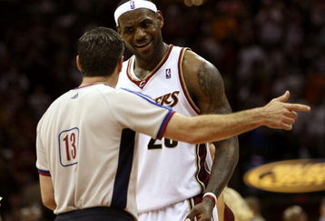 CLEVELAND - MAY 22: LeBron James #23 of the Cleveland Cavaliers discusses a call with a referee during Game Two of the Eastern Conference Finals against the Orlando Magic during the 2009 Playoffs at Quicken Loans Arena on May 22, 2009 in Cleveland, Ohio. NOTE TO USER: User expressly acknowledges and agrees that, by downloading and or using this photograph, User is consenting to the terms and conditions of the Getty Images License Agreement  (Photo by Elsa/Getty Images)