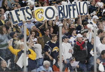 BUFFALO - APRIL 25:  Buffalo Sabres fans cheer on their team in Game 1 of the Eastern Conference Semifinals against the New York Rangers during the 2007 NHL Stanley Cup Playoffs on April 25, 2007 at HSBC Arena in Buffalo, New York.  The Sabres beat the Rangers 5-2.  (Photo by: Rick Stewart/Getty Images)