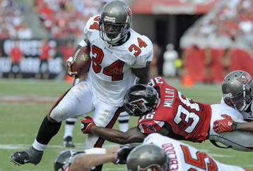 TAMPA, FL - SEPTEMBER 14: Running back Earnest Graham #34 of  the Tampa Bay Buccaneers rushes upfield against the Atlanta Falcons at Raymond James Stadium on September 14, 2008 in Tampa, Florida.  The Buccaneers defeated the Falcons 24-9. (Photo by Al Messerschmidt/Getty Images)