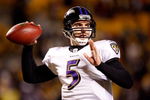 PITTSBURGH - JANUARY 18:  Joe Flacco #5 of the Baltimore Ravens warms up against the Pittsburgh Steelers during the AFC Championship game on January 18, 2009 at Heinz Field in Pittsburgh, Pennsylvania.  (Photo by Streeter Lecka/Getty Images)