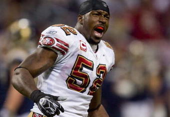 ST. LOUIS, MO - DECEMBER 21: Patrick Willis #52 of the San Francisco 49ers celebrates a victory against the St. Louis Rams at the Edward Jones Dome on December 21, 2008 in St. Louis, Missouri.  The 49ers beat the Rams 17-16.  (Photo by Dilip Vishwanat/Getty Images)