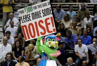 ORLANDO, FL - MAY 26:  Orlando Magic mascot 'Stuff' performs during a break in play between the Cleveland Cavaliers and the Orlando Magic in Game Four of the Eastern Conference Finals during the 2009 NBA Playoffs at the Amway Arena on May 26, 2009 in Orlando, Florida. NOTE TO USER: User expressly acknowledges and agrees that, by downloading and or using this photograph, User is consenting to the terms and conditions of the Getty Images License Agreement.  (Photo by Sam Greenwood/Getty Images)