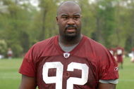 ASHBURN, VA - MAY 1:  Albert Haynesworth #92 of the Washington Redskins walks off the field after minicamp on May 1, 2009 at Redskins Park in Ashurn, Virginia.   (Photo by Mitchell Layton/Getty Images)