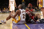LOS ANGELES - JANUARY 27:  Kobe Bryant #24 of the Los Angeles Lakers and LeBron James #23 of the Cleveland Cavaliers sit on the floor after falling during play at Staples Center January 27, 2008 in Los Angeles, California. The Cavaliers won 98-95.  NOTE TO USER: User expressly acknowledges and agrees that, by downloading and/or using this Photograph, user is consenting to the terms and conditions of the Getty Images License Agreement. (Photo by Stephen Dunn/Getty Images)