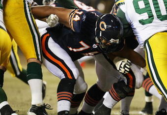 CHICAGO - DECEMBER 22: Chris Williams #74 of the Chicago Bears blocks on special teams during a game against the Green Bay Packers on December 22, 2008 at Soldier Field in Chicago, Illinois. The Bears defeated the Packers 20-17 in overtime. (Photo by Jonathan Daniel/Getty Images)