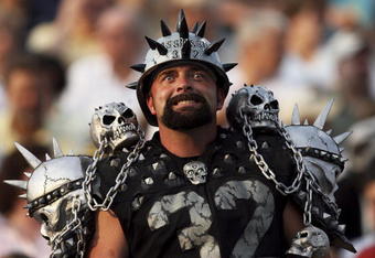 CANTON, OH - AUGUST 06:  A Raider fan gets ready before the Oakland Raiders take on the Philadelphia Eagles in the AFC-NFC Pro Football Hall of Fame Game at Fawcett Stadium on August 6, 2006 in Canton, Ohio.  (Photo by Doug Benc/Getty Images)