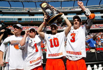 FOXBOROUGH, MA - MAY 25:  Spencer Van Schaack #12, Pat Perritt #1, Kenny Nims #10, Matt Abbott #3 of Syracuse Orange celebrate after defeating the Cornell Big Red, 10-9, in overtime for NCAA Division I Lacrosse Championship at Gillette Stadium May 25, 2009 in Foxborough, Massachusetts.  (Photo by Jim Rogash/Getty Images)