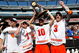 FOXBOROUGH, MA - MAY 25: Spencer Van Schaack #12, Pat Perritt #1, Kenny Nims #10, Matt Abbott #3 of Syracuse Orange celebrate after defeating the Cornell Big Red, 10-9, in overtime for NCAA Division I Lacrosse Championship at Gillette Stadium May 25, 2009 in Foxborough, Massachusetts. (Photo by Jim Rogash/Getty Images)