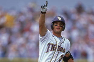 17 Jun 2000:  Jeremy Witten #3 of the Louisiana State Tigers points #1 as he runs around the bases during the College World Series Game against the Stanford Cardinal at Rosenblatt Stadium in Omaha, Nebraska.  The Tigers defeated the Cardinal 6-5. Mandatory Credit: Andy Lyons  /Allsport