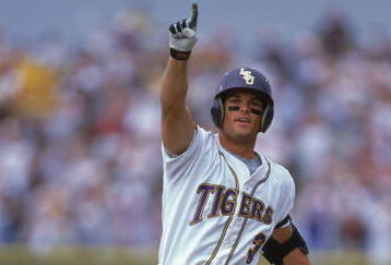 17 Jun 2000:  Jeremy Witten #3 of the Louisiana State Tigers points #1 as he runs around the bases during the College World Series Game against the Stanford Cardinal at Rosenblatt Stadium in Omaha, Nebraska.  The Tigers defeated the Cardinal 6-5. Mandatory Credit: Andy Lyons  /Allsport