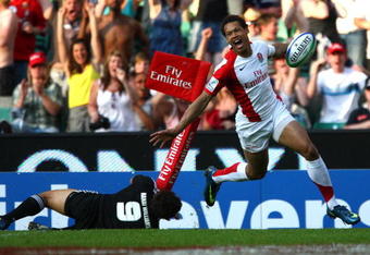 LONDON, ENGLAND - MAY 24:  Dan Norton of England celebrates after crossing the line for a try in the IRB London Sevens final match between England and New Zealand during day two of the IRB London Sevens at Twickenham Stadium on May 24, 2009 in London, England. (Photo by John Gichigi/Getty Images)