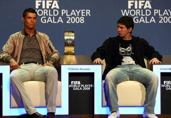 ZURICH, SWITZERLAND - JANUARY 12: Cristiano Ronaldo of Portugal (L) and Lionel Messi of Argentina listen to questions from the media as nominees of FIFA Player of the Year 2008, at the Zurich Opera House on January 12, 2009 in Zurich, Switzerland.  (Photo by John Gichigi/Getty Images)