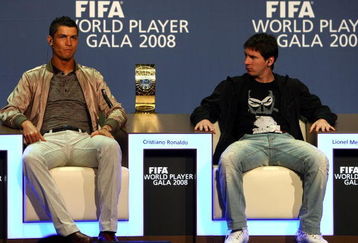 ZURICH, SWITZERLAND - JANUARY 12: Cristiano Ronaldo of Portugal (L) and Lionel Messi of Argentina listen to questions from the media as nominees of FIFA Player of the Year 2008, at the Zurich Opera House on January 12, 2009 in Zurich, Switzerland.  (Photo by John Gichigi/Getty Images)