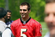 OWINGS MILLS, MARYLAND - MAY 8: Joe Flacco #5 of the Baltimore Ravens talks during minicamp at the practice facility on May 8, 2009 in Owings Mills, Maryland. (Photo by Ned Dishman/Getty Images)