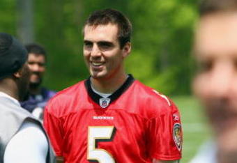 OWINGS MILLS, MARYLAND - MAY 8: Joe Flacco #5 of the Baltimore Ravens talks during minicamp at the practice facility on May 8, 2009 in Owings Mills, Maryland. (Photo by Ned Dishman/Getty Images)