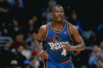 10 Mar 1999:  Joe Dumars #4 of the Detroit Pistons heading down the court during the game against the Washington Wizards at the MCI Center in Washington, D.C. The Wizards defeated the Pistons 97-87.   Mandatory Credit: Doug Pensinger  /Allsport