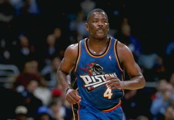10 Mar 1999:  Joe Dumars #4 of the Detroit Pistons heading down the court during the game against the Washington Wizards at the MCI Center in Washington, D.C. The Wizards defeated the Pistons 97-87.   Mandatory Credit: Doug Pensinger  /Allsport