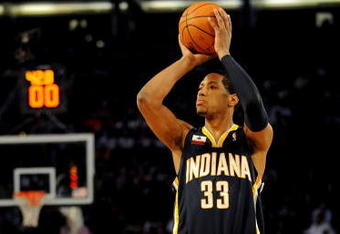 PHOENIX - FEBRUARY 14:  Danny Granger of the Indiana Pacers participates in the Foot Locker Three-Point Shootout on All-Star Saturday Night, part of 2009 NBA All-Star Weekend at US Airways Center on February 14, 2009 in Phoenix, Arizona.  NOTE TO USER: User expressly acknowledges and agrees that, by downloading and or using this photograph, User is consenting to the terms and conditions of the Getty Images License Agreement.  (Photo by Ronald Martinez/Getty Images)