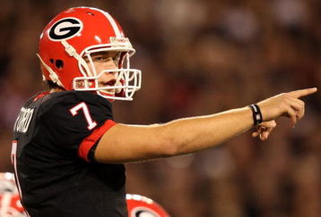 ATHENS, GA - SEPTEMBER 27:  Quarterback Matthew Stafford #7 of the Georgia Bulldogs points out assignments at the line of scrimmage while taking on the Alabama Crimson Tide at Sanford Stadium on September 27, 2008 in Athens, Georgia. Alabama defeated Georgia 41-30.  (Photo by Doug Benc/Getty Images)