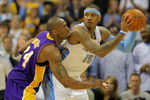 DENVER - MAY 25:  Carmelo Anthony #15 of the Denver Nuggets is guarded by Kobe Bryant #24 of the Los Angeles Lakers in Game Four of the Western Conference Finals during the 2009 NBA Playoffs at Pepsi Center on May 25, 2009 in Denver, Colorado. NOTE TO USER: User expressly acknowledges and agrees that, by downloading and or using this photograph, User is consenting to the terms and conditions of the Getty Images License Agreement.  (Photo by Doug Pensinger/Getty Images)