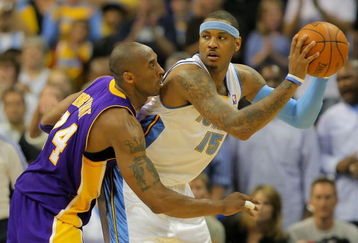 DENVER - MAY 25:  Carmelo Anthony #15 of the Denver Nuggets is guarded by Kobe Bryant #24 of the Los Angeles Lakers in Game Four of the Western Conference Finals during the 2009 NBA Playoffs at Pepsi Center on May 25, 2009 in Denver, Colorado. NOTE TO USER: User expressly acknowledges and agrees that, by downloading and or using this photograph, User is consenting to the terms and conditions of the Getty Images License Agreement.  (Photo by Doug Pensinger/Getty Images)