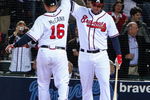 ATLANTA - MARCH 31: Catcher Brian McCann #16 of the Atlanta Braves is congratulated by right fielder Jeff Francoeur #7 after McCann's home run during the game against the Pittsburgh Pirates at Turner Field March 31, 2008 in Atlanta, Georgia.  The Pirates beat the Braves 12-11 in 12 innings. (Photo by Mike Zarrilli/Getty Images)