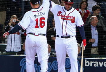 ATLANTA - MARCH 31: Catcher Brian McCann #16 of the Atlanta Braves is congratulated by right fielder Jeff Francoeur #7 after McCann's home run during the game against the Pittsburgh Pirates at Turner Field March 31, 2008 in Atlanta, Georgia.  The Pirates beat the Braves 12-11 in 12 innings. (Photo by Mike Zarrilli/Getty Images)