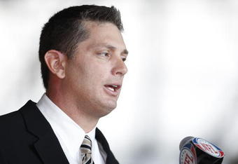 DETROIT , MI - JANUARY 16:  Jim Schwartz head coach of the Detroit Lions talks during a press conference after being introduced on January 16, 2009 at Ford Field in Detroit, Michigan.  (Photo by Gregory Shamus/Getty Images)