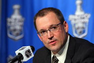 RALEIGH, NC - MAY 26: Head coach Dan Bylsma the Pittsburgh Penguins speaks to the media after Game Four of the Eastern Conference Championship Round of the 2009 Stanley Cup Playoffs against the Carolina Hurricanes at RBC Center on May 26, 2009 in Raleigh, North Carolina. Pittsburgh won the game 4-1 to complete a four game sweep. (Photo by Jim McIsaac/Getty Images)