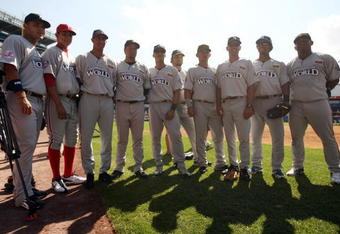 BRONX, NY - JULY 13:  Players of the World Futures Team pose during the 2008 XM All-Star Futures Game at Yankee Stadium on July13, 2008 in the Bronx borough of New York City.  (Photo by Chris McGrath/Getty Images)