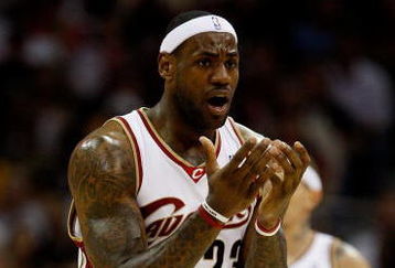 CLEVELAND - MAY 22:  LeBron James #23 of the Cleveland Cavaliers reacts between plays against the Orlando Magic in Game Two of the Eastern Conference Finals during the 2009 Playoffs at Quicken Loans Arena on May 22, 2009 in Cleveland, Ohio. NOTE TO USER: User expressly acknowledges and agrees that, by downloading and or using this photograph, User is consenting to the terms and conditions of the Getty Images License Agreement  (Photo by Gregory Shamus/Getty Images)